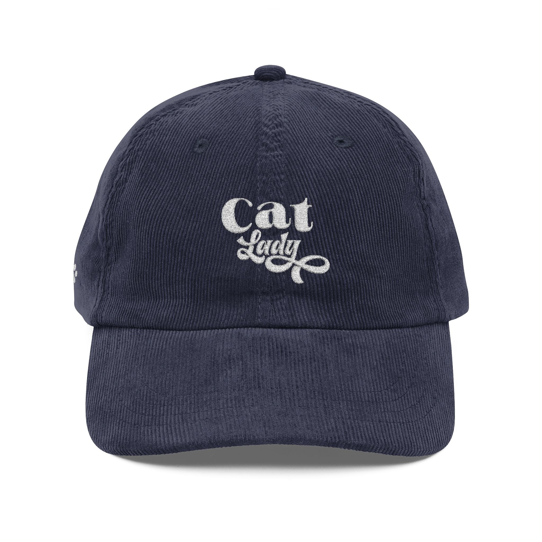 Vintage Corduroy Cap – Retro 'Cat Lover Lady' Embroidered Paw Accent