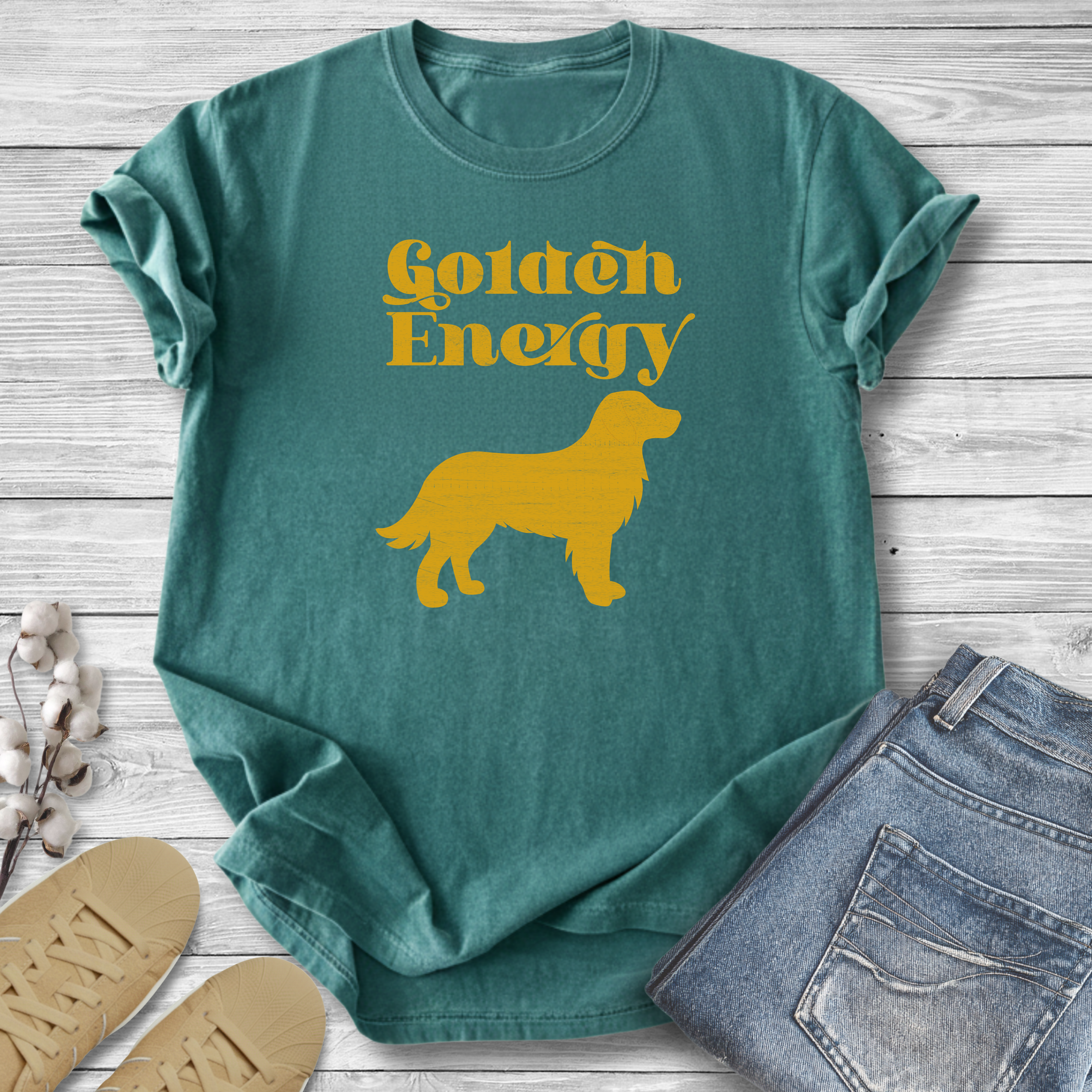Golden Retriever Retro Pet Lover T-Shirt — "Golden Energy" Distressed Graphic