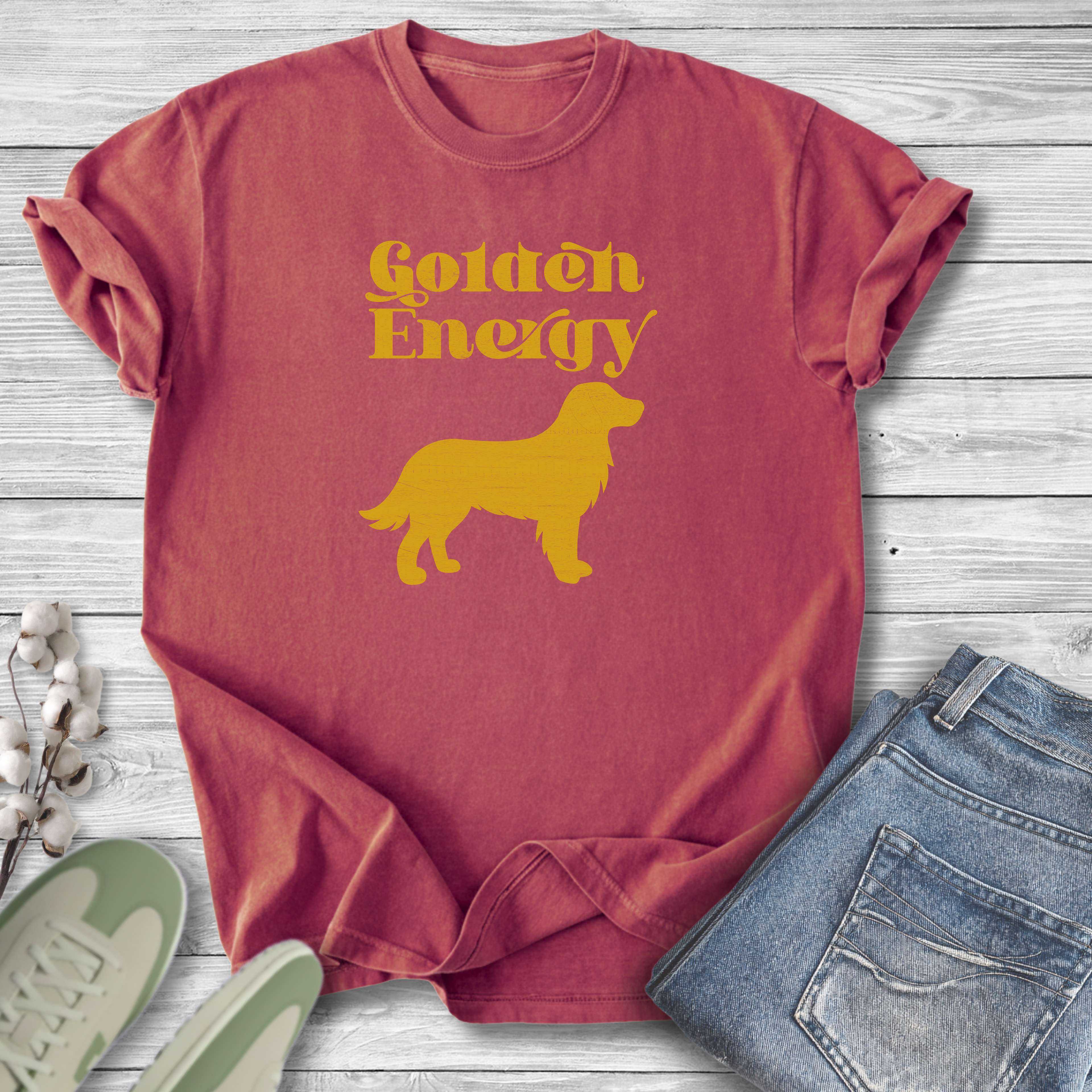 Golden Retriever Retro Pet Lover T-Shirt — "Golden Energy" Distressed Graphic