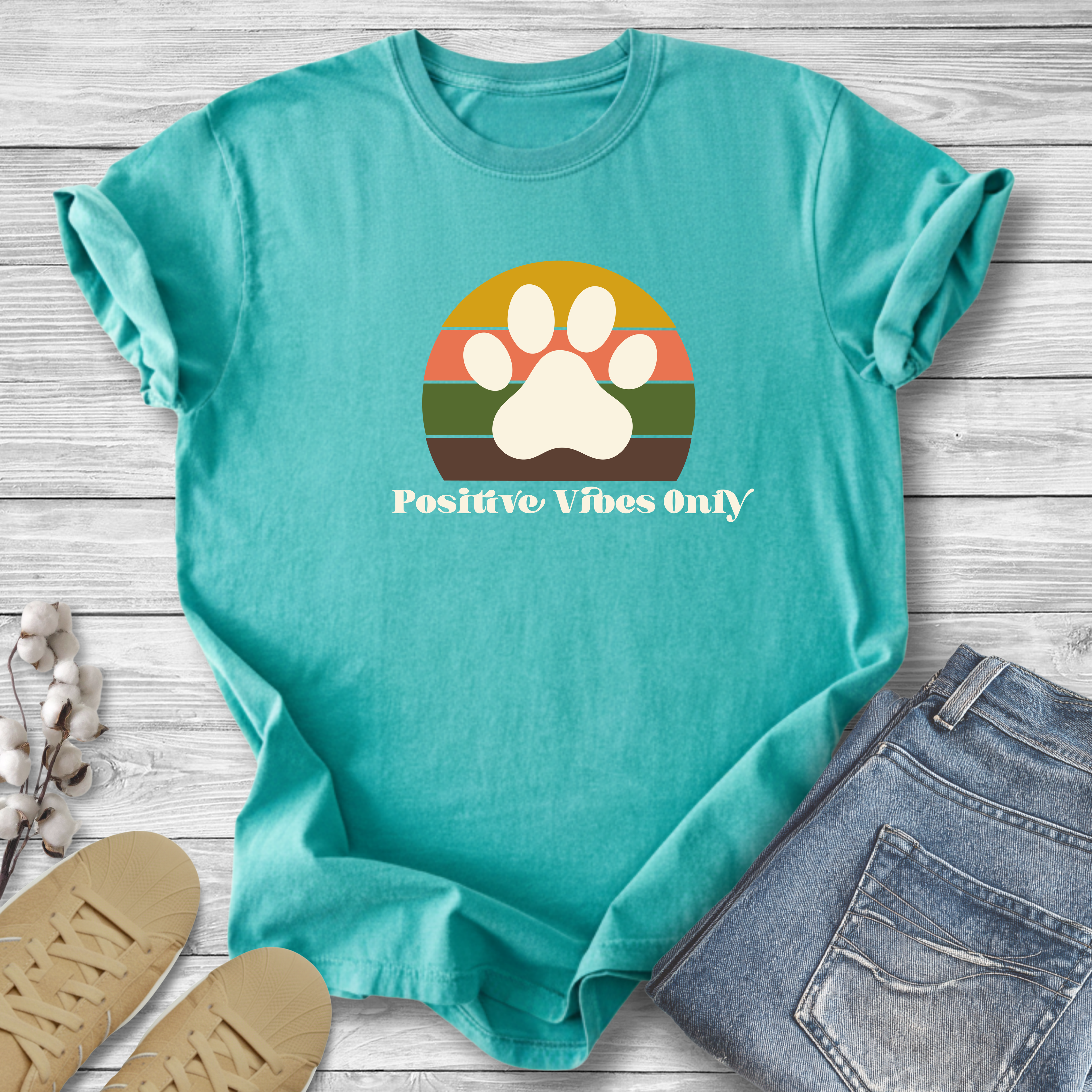 Positive Vibes Only Paw T-Shirt — Retro Pet Lover Tee