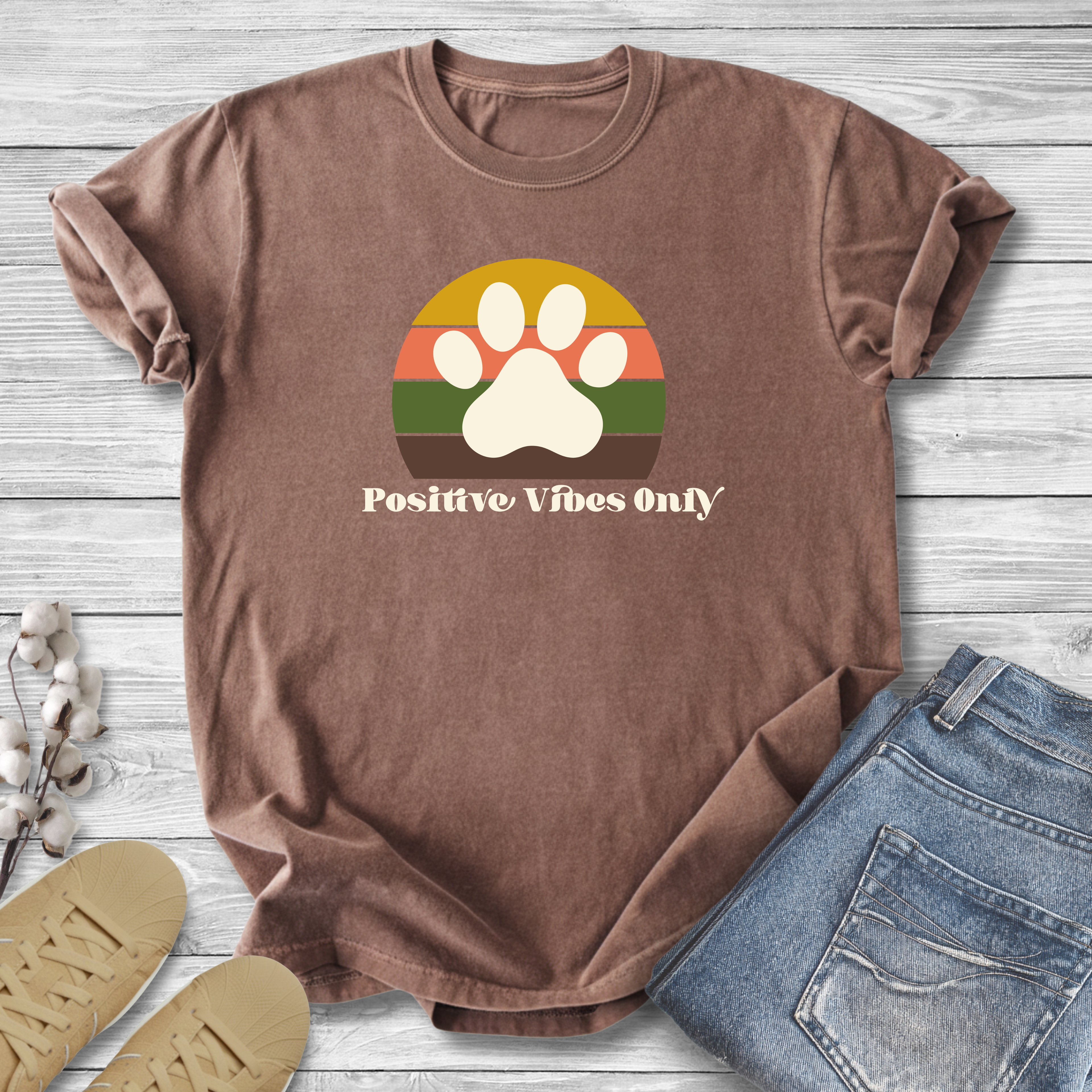 Positive Vibes Only Paw T-Shirt — Retro Pet Lover Tee