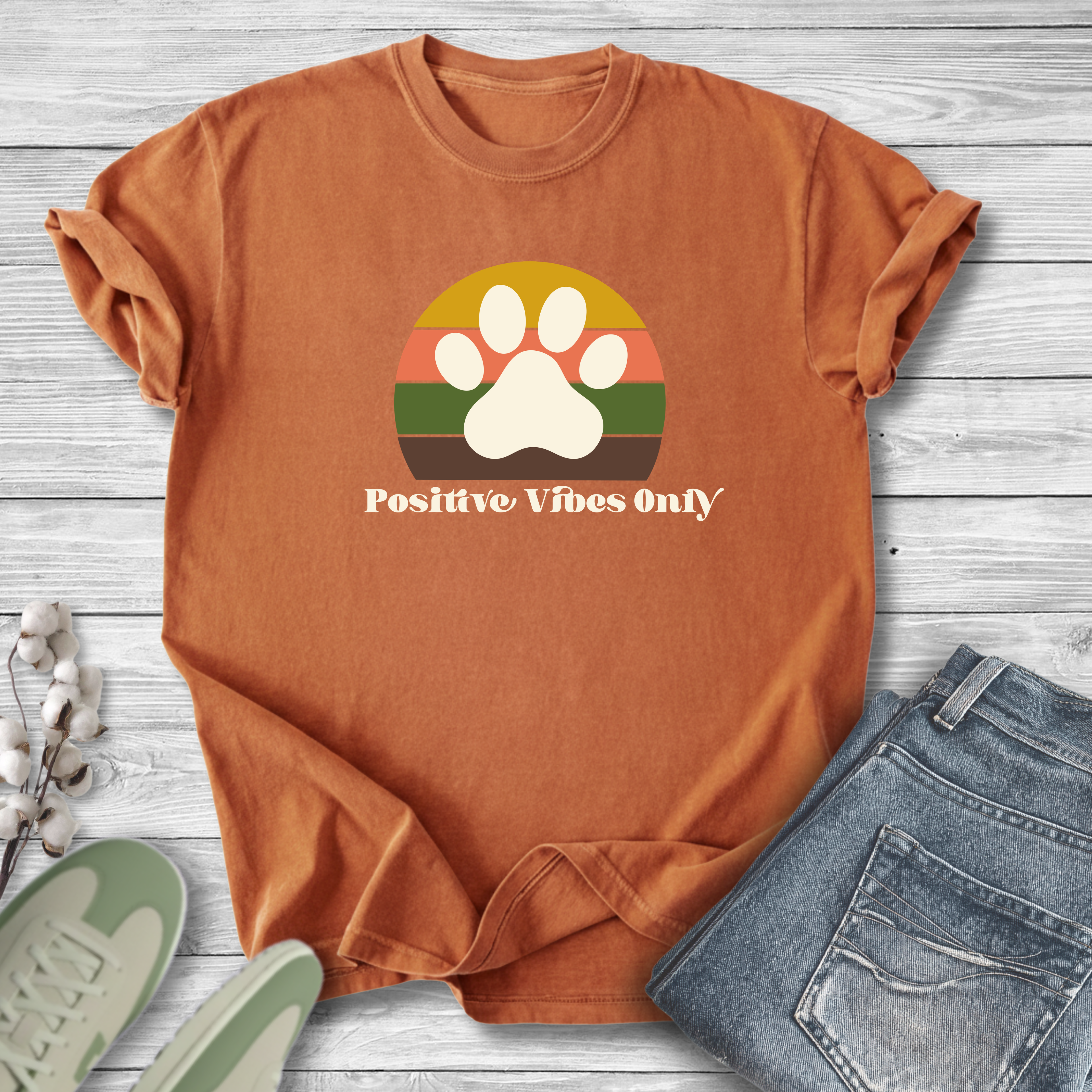 Positive Vibes Only Paw T-Shirt — Retro Pet Lover Tee