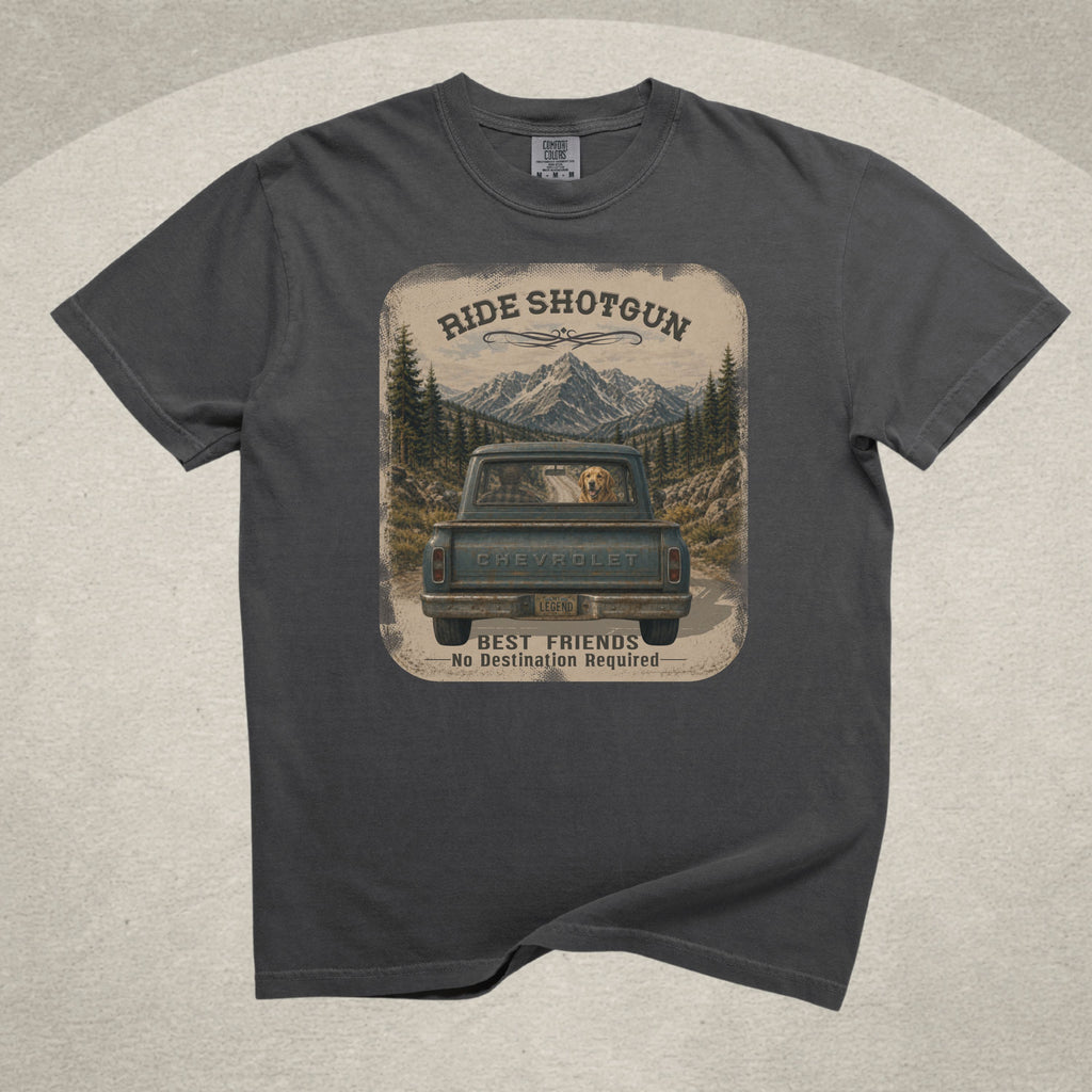 Ride Shotgun — Golden Retriever Graphic Tee
