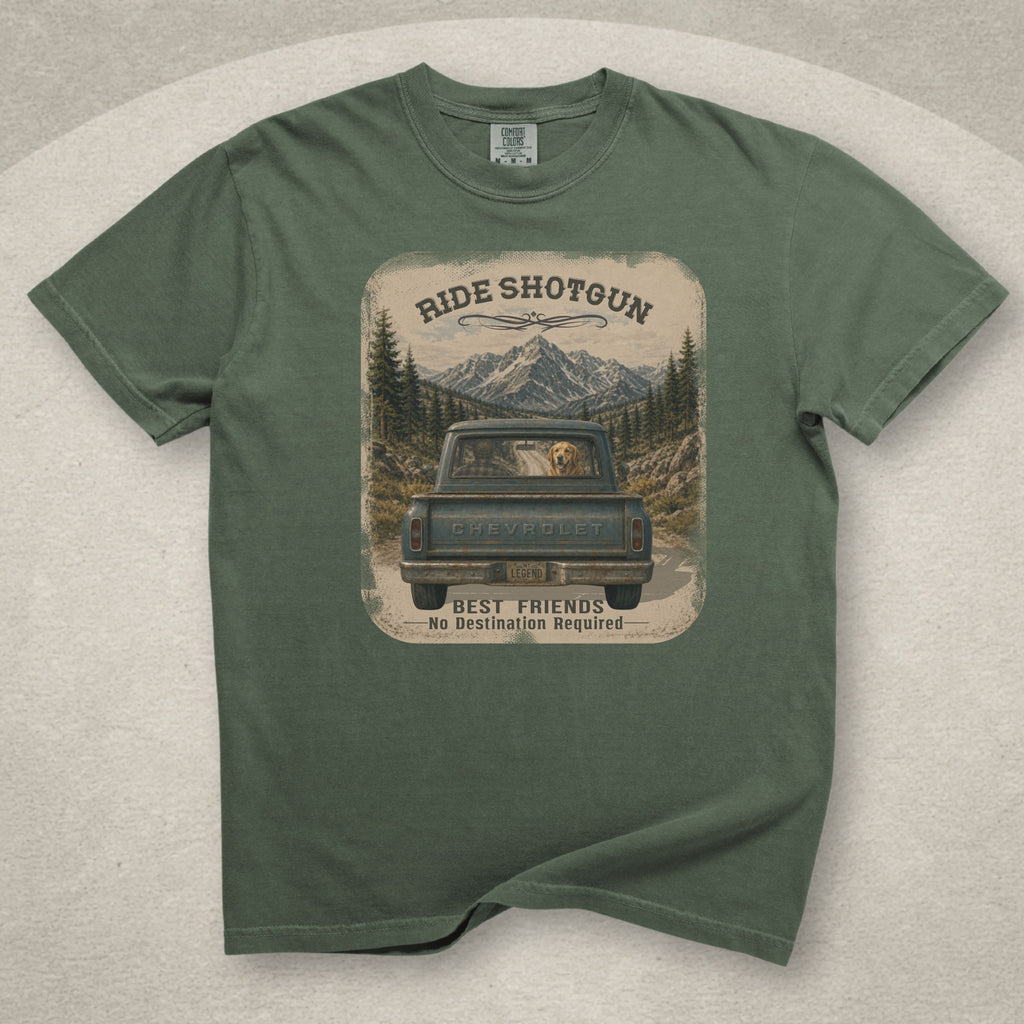 Ride Shotgun — Golden Retriever Graphic Tee
