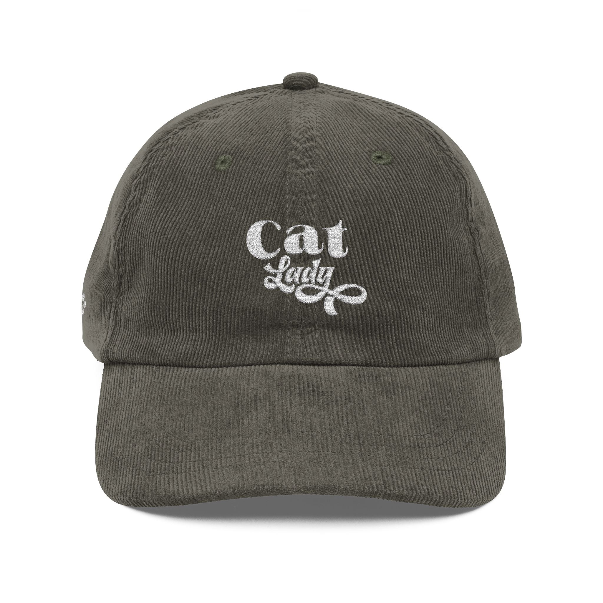 Vintage Corduroy Cap – Retro 'Cat Lover Lady' Embroidered Paw Accent